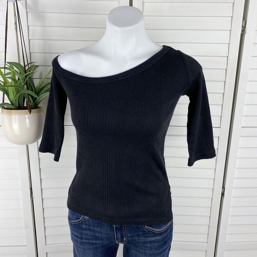 Moussy Black Slanted Off One Shoulder Ribbed Knit‎ Top Half Sleeve Free Size